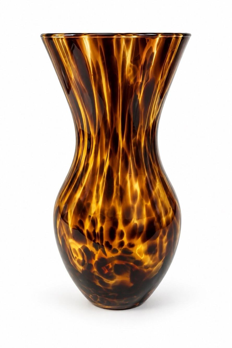 Amber Tortoiseshell Art Glass Vase 11.25” Tall Flared Rim Swirl Pattern